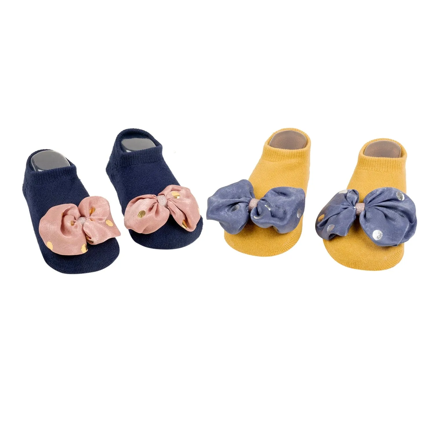 Baby Moo Butterfly Bow Anti Skid Ankle Length Toddlers Dress Up Walking Set of 2 Socks Booties - Navy Blue, Yellow