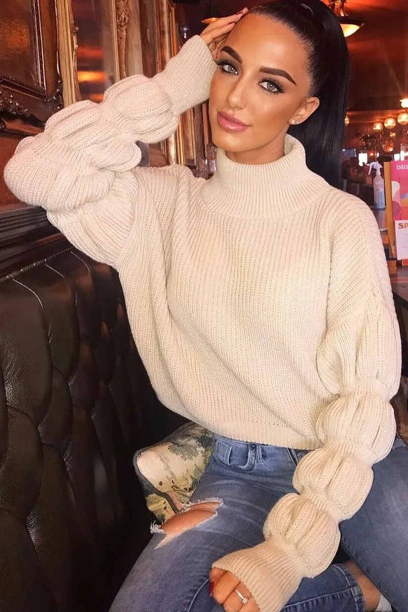 Beige Knitted Puff Arm High Neck Jumper - Lola