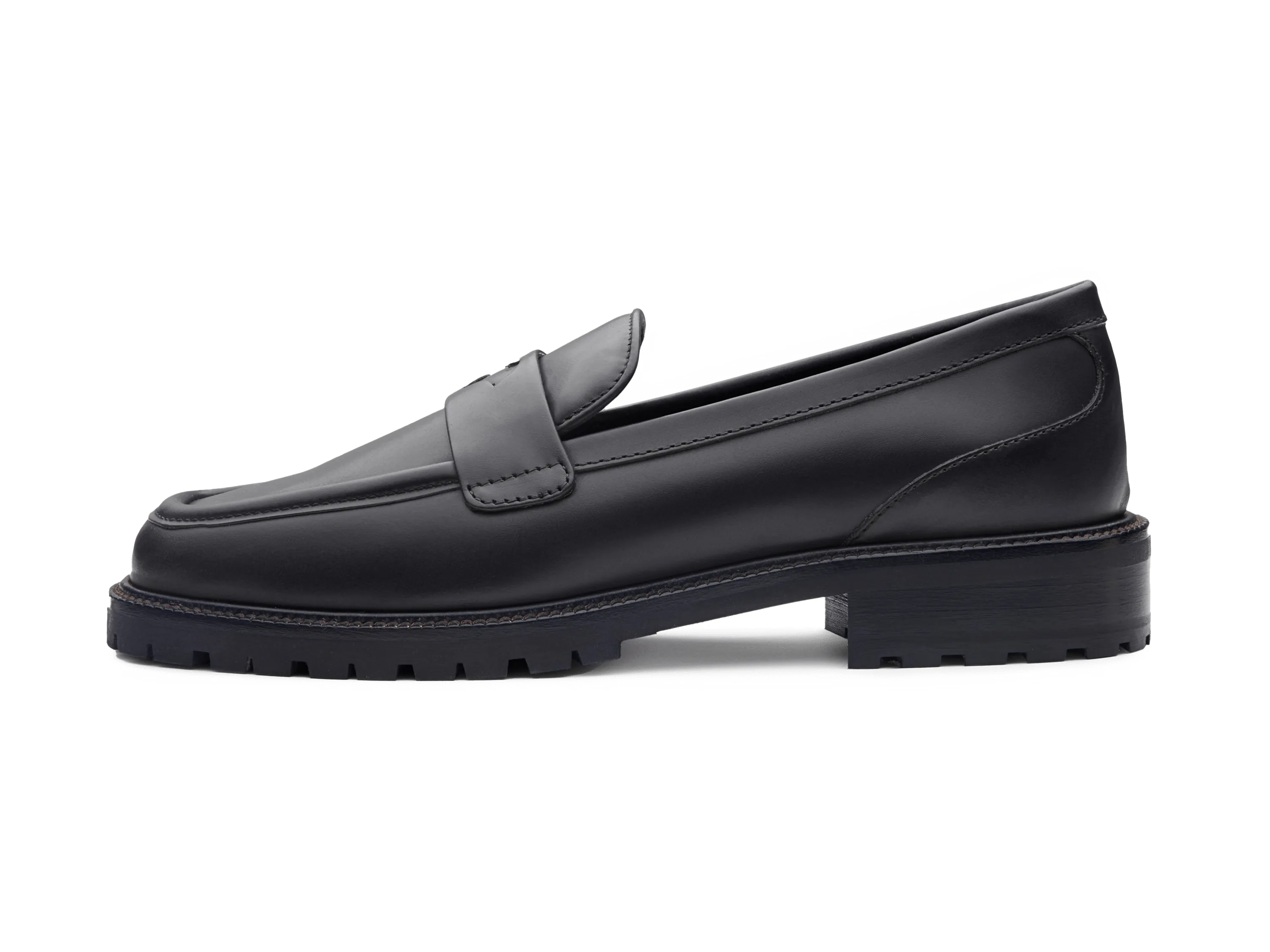 Charlotte Penny Loafers in Black Calf with Rubber Sole