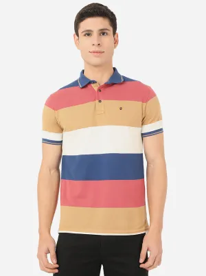 Cloud Pink & Beige Striped Slim Fit Polo T-Shirt | JadeBlue