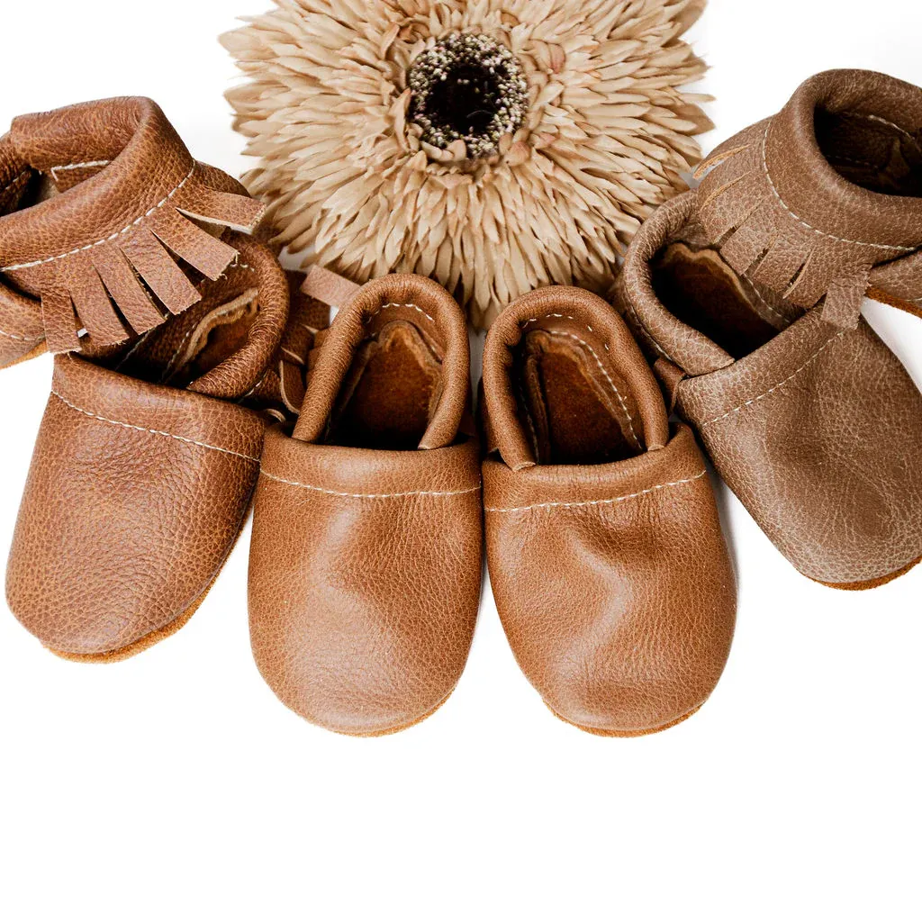 Leather Baby & Toddler Fringe Moccasins - Chai, Caramel, Sepia