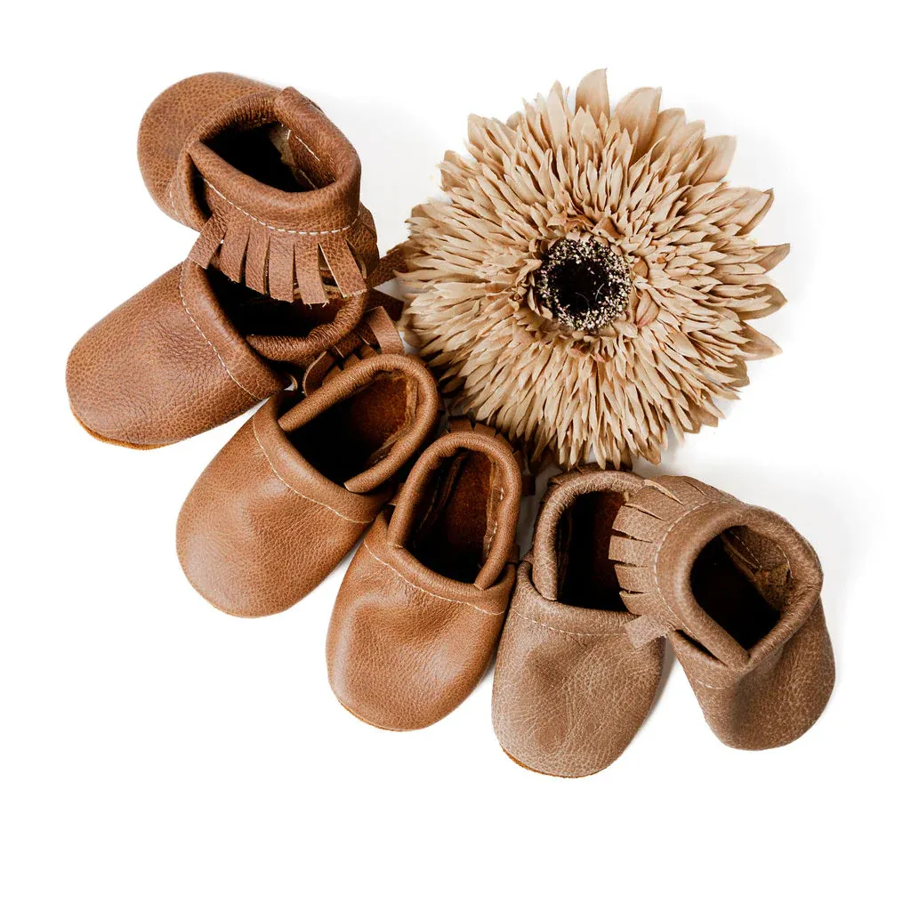 Leather Baby & Toddler Fringe Moccasins - Chai, Caramel, Sepia