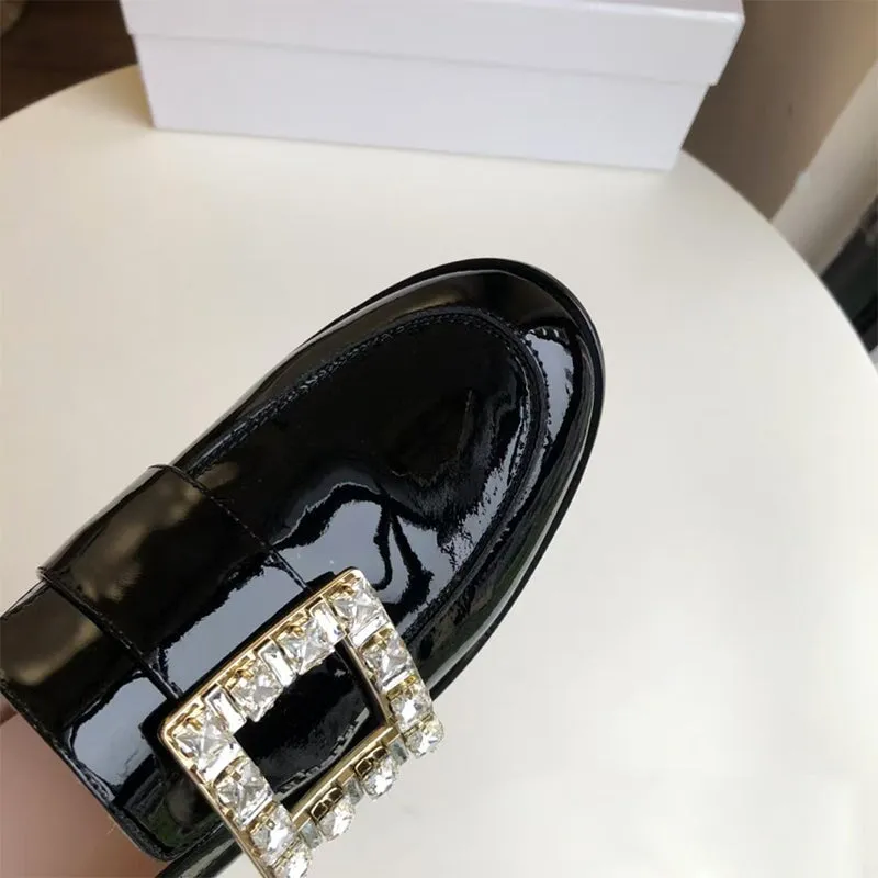 Patent Leather Loafers for Women with Dazzling Diamond in Black