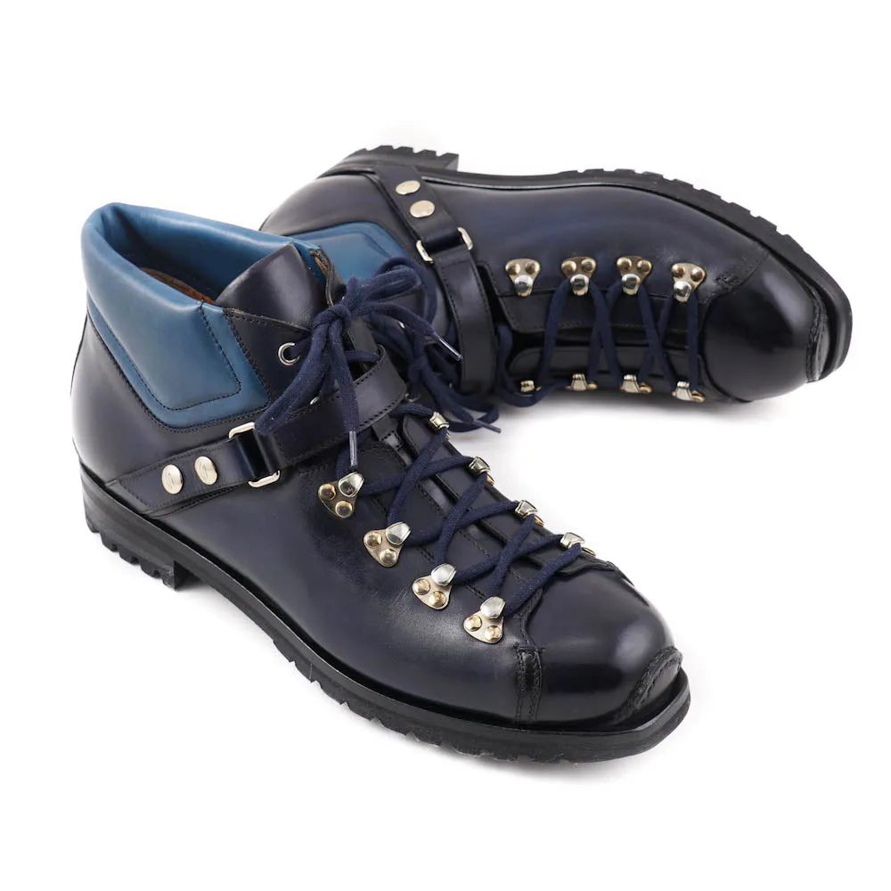 Santoni Calf Leather Hiking Boots in Navy Blue